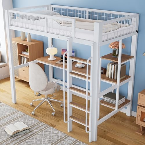 Ball & Cast Hochbett (90x200cm) Kinderbett mit Zonen-Regale und Tisch, Etagenbett mit Geländer und Treppe, Ohne Matratze, Weiß+Natur