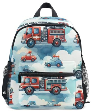 RPLIFE Niedlicher Feuerwehr-LKW-Rucksack für Kleinkinder, Mädchen, Jungen, kleine Kinderrucksäcke mit Namensschild, klein, 3–8 Jahre