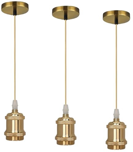 Behogan Gold E27 Lampenfassung: 3 Stück Vintage Pendelleuchte Aluminium Metall Lampenaufhängung mit Schraubring, 1m Länge Champagner Gold Textilkabel Hängelampe, für Küche Esstisch Wohnzimmer