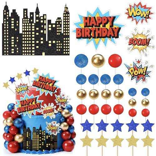 Superhelden Geburtstag Tortendeko Boom Pow Superhelden Happy Birthday Kuchen Topper für Kinder Geburtstag Zubehör für Party Kuchen Dekoration