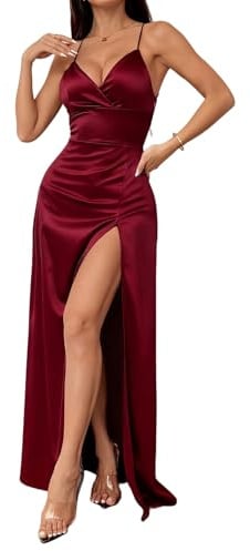 Belriviere Women Satin Maxi Dress V-Neck Spaghetti Strap Evening Gown Side Split Long Dresses for Party Cocktail Wedding