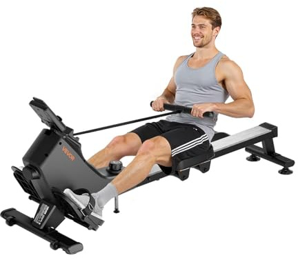 VEVOR Magnetisk roddmaskin, ergometer med 16-nivåers justerbart tyst motstånd, vikbar, 158 kg lastkapacitet med slät remskiva och LCD-skärm, kompatibel med Bluetooth-app