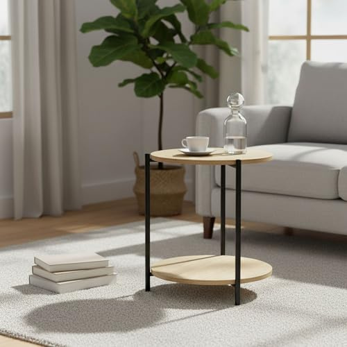 INDE MOBLEKIT | Mesa Auxiliar Metal y Madera Negra 40x42 cm, Mesita Auxiliar Redonda de Doble Altura, Mesa para Salón o Dormitorio, Mueble Auxiliar Funcional para Hogar Moderno
