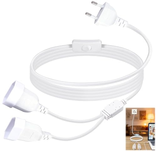 Stromkabel Verlängerung Netzkabel, Verlängerungskabel Flachstecker mit Schalter, 2 m, 2 in 1 Typ-C, Eurostecker Verlängerung, Doppelstecker Eurostecker Verteiler, für TV, Büro, Haushalt und Küche