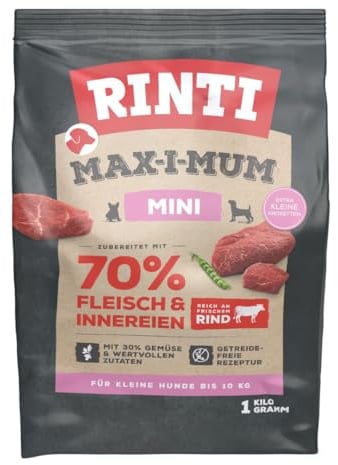 RINTI - Max-i-Mum Mini | Trockenfutter für kleine, ausgewachsene Hunde mit 70% Fleisch & Innereien. Getreidefreies Alleinfutter mit ausgewogenem Protein-/Fett-Verhältnis | 7x1kg Rind