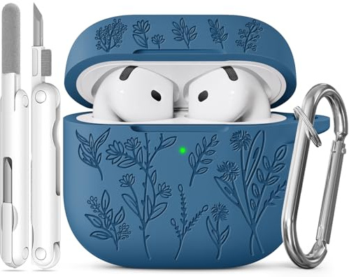 Joremx Custodia Per AirPods 4 con adorabile motivo d'erba(Blu Navy) | Materiale in silicone morbido, Inciso al laser, Adatta per donne e ragazze, Cover dotata di kit di pulizia e portachiavi