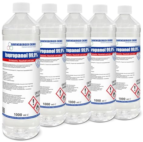 Ravensberger Chemie Isopropanol 99,9% IPA – Isopropylalkohol Reinigungsalkohol zum Entfetten & Reinigen – Lösungsmittel für Elektronik, Glas, Auto & Werkstatt (5x 1 Liter)
