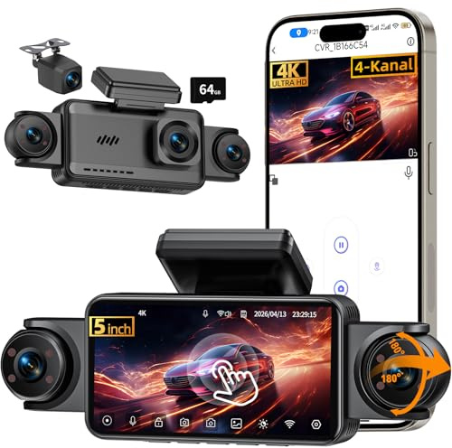 360° View 4 Kanal Dashcam Auto,5 Zoll Großes IPS Touch Display Dash Cam,4K+1080P für Vorne/Hinten/Innen/Links/Rechts,WDR-Nachtsicht (8 IR-LEDs) G-Sensor,24/7 Parkmodus,Loop-Aufnahme,64GB inkl