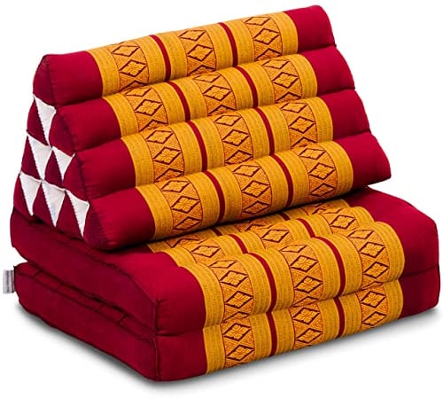 livasia Thaikissen mit 2 Auflagen - 120x50x8cm - Dreieckskissen mit Sitzkissen, Keilkissen mit Kapok, Rückenkissen faltbar, Thaimatte zum Klappen, handgefertigt, Meditationskissen (Rot/Gelb)