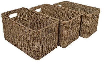 Wovenhill Set of 3 Seagrass Wicker Baskets | Handmade Woven Storage Box | Small - W20 x D38 x H21cm | Natural Brown