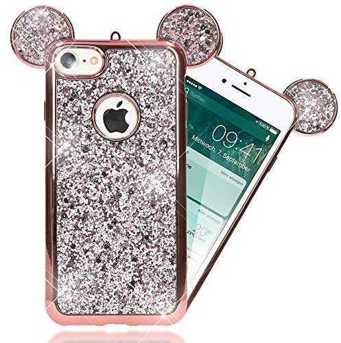NALIA Coque Silicone Compatible avec iPhone 7, Ultra-Fine Glitter Housse Protection Oreilles Souris Case Paillettes Cover, Slim Bling Etui Telephone Bumper Mince Résistant, Couleur:Rose Gold Or