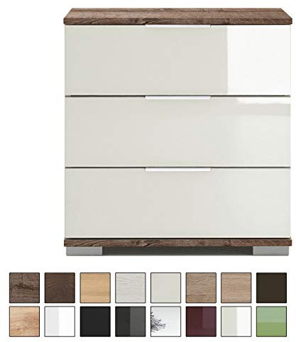 Wimex Nachtschrank NIGO auch für Boxspringbett geeignet (Höhe 58 cm), Nachtkommode, Holz (MDF) oder Glas, BxHxT: 52 x 58 x 38 cm, 3 Schubladen, Made in Germany, Glas Prosecco, Schlammeiche 1 Stück