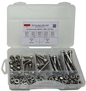 Sortiment DIN 912 M6 Edelstahl A4 200 Teile ; Zylinderkopfschrauben/Innensechskantschrauben, inc. Muttern DIN 934, Unterlegscheiben DIN 125, Material VA V4A