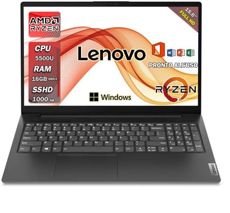Lenovo | Pc portatile Notebook Ryzen 5 5500U 6 core | Ram 16 Gb ddr4 | SSHD 1000 Gb | Display 15.6 | Windows 11 PRO | Wi Fi | Usb | Computer portatile pronto all’uso |
