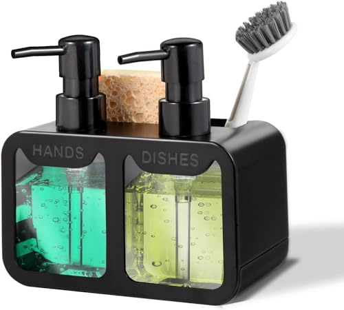 FORKLS Kitchen Soap Dispenser Set, 4-in-1 Dual Hand & Dish Soap Dispenser with Sponge Caddy and Brush Holder for Kitchen Sink & Bathroom, Countertop Organizer – Black