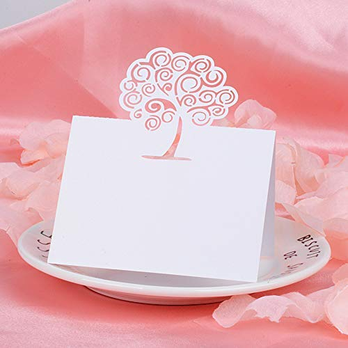 MEJOSER 50 Pz Cartellini Segnaposto Albero della Vita Segnatavolo Carta Perlata Bianco Avorio Motivo Traforato Laser per Matrimonio Comunione Battesimo Festa Compleanno