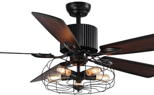 APBEAMLighting Industrial Ceiling Fan Light Retro Cage Pendant Light 5 Reversible Wood Blades with Remote Control for Livi...
