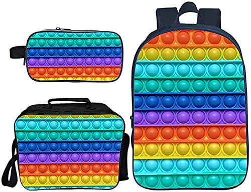 Pop it Schultaschen Set Rucksack + Lunchpaket + Doppellagiges Federmäppchen für Jungen Mädchen Kinder 3D-Druck Schulrucksack 16 Zoll (04)