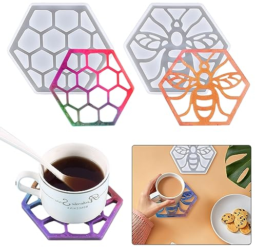 KyeeaDIY 2 Pack Hexagon Beehive Coaster Moulds Food Grade Silicone Resin Molds for Epoxy Casting, Car Cup Holder, Crystal Agate Tray & DIY Crafts Honeycomb Pattern, Reusable Cup Mat