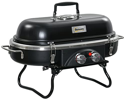Outsunny Foldable Gas BBQ Grill 2 Burner Table Top Barbecue with Lid Piezo Ignition Thermometer for Camping Picnic Cooking, Aluminium Alloy