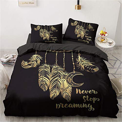Luowei Bettwäsche Traumfänger 155x220cm Schwarz Gold Bohemien Vintage Bettbezug Weiche Mikrofaser Deckenbezug mit Reißverschluss + 2 Kissenbezug 80x80cm