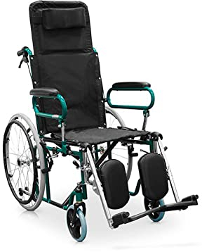 QUIRUMED Liegerollstuhl mit Kopfstütze, Sitz 46 cm, leicht, klappbar, klappbare Armlehnen, Anti-Kipp-Räder, Handbremsen und Hebel, für ältere Menschen, für Behinderte