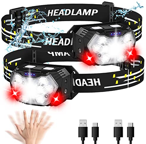 PLUSINTO 9 LED Headlamp Rechargeable 2 Pack, 2000 Lumens Super Bright Head Lamp USB-C, 10 Modes with White Red Light, Motion Sensor, IPX5 Waterproof Headlight Flashlight for Camping Hiking Fishing