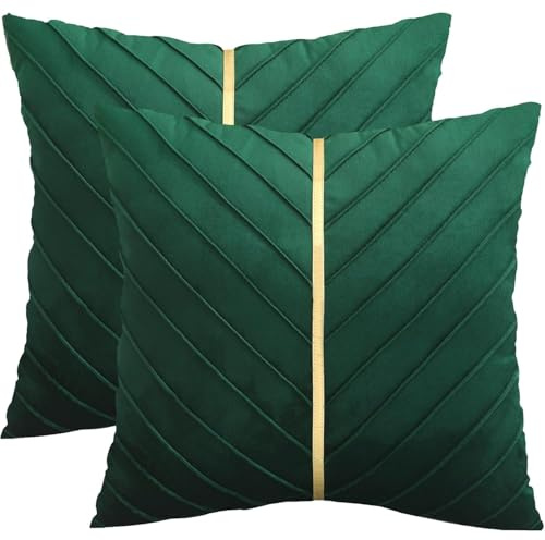 Tosleo Green Velvet Throw Pillow Covers 26 x 26 Pack of 2 with Gold Leather,Forest Green Decorative Couch Pillowcase Luxury Modern Pillow Cover Spring Home Decor for Sofa Bed Living Room