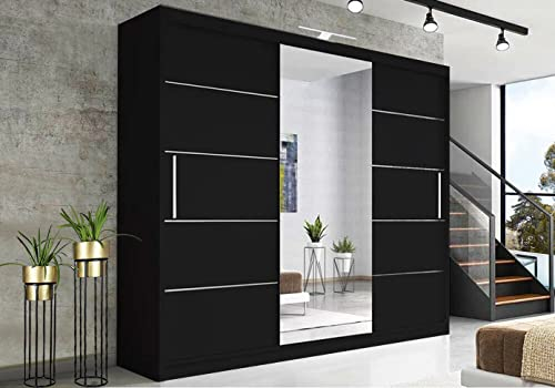RAC3 Race to Road Modern Bedroom Sliding Wardrobe with LED Light - Ample Storage Space and Sleek Design comes in White/Grey/Black/Oak and Width 150cm/180cm/203cm/250cm (Black, 250cm)