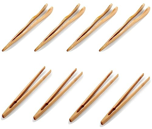 8 Stück hölzerne Toasterzange Wiederverwendbare Bambus-Küchenzange Bambus-Toaster-Zange zum Kochen von Toastbrotgurken (4 gerade, 4 gebogen)