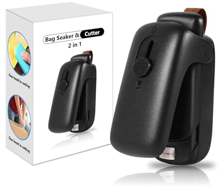 Folienschweißgerät Mini 2 in 1 Hand Verschlussgerät Versiegelungsmaschine Bag Sealer mit Cutter Tragbare Tüten Schweissgerät für Kunststoff-, Verpackungs- und Vakuumbeutel (Schwarz)