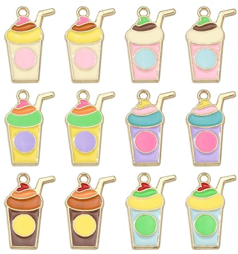 Stiesy 30Pcs 6 Styles Enamel Milk Tea Cup Charms Pendants Colorful Beverage Cup Dangle Charms for DIY Jewelry Craft Bracelets Making