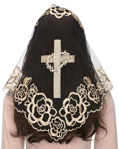 Mantveil Kapellenschleier, katholische Masse: traditionelles christliches schwarz-goldenes Dreieckskreuz mit Rose, bestickter Schleier für Kirche, Mantilla, Kopfbedeckungen für Frauen, Schwarz Gold,
