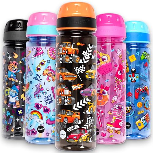 Fringoo 650ml Kids Water Bottle - Leakproof, Straw & Lock Lid - 6 Designs | Straw Bottle, Carry Handle, Very Durable, 100% Leakproof, BPA-Free