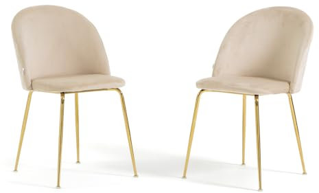 RATTATAN Sara - 2 Stühle in schlichtem oder Teddy-Samt für den Innenbereich mit Metallbeinen (Beine Gold, Samt Creme)