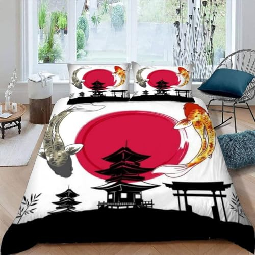 Sezhiqeu Japanischer Stil Bettwäsche 135x200, 3D Muster Weich Kuschelig Mikrofaser Bettwäsche Set Rote Sonne Koi Bettbezug + 2 Kissenbezug 80x80 cm mit Reißverschluss A7361