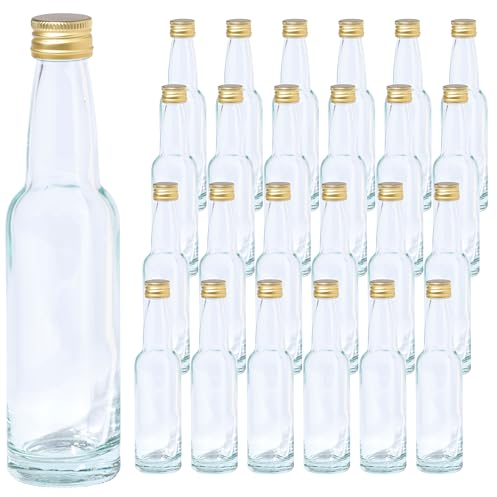 Vitrea 24 leere Glasflaschen 100ml Schraubverschluss Gold - kleine Flaschen zum Befüllen mit Deckel - für Saft, Getränke, Likör, Öl, Saucen, Sirup - 24 Stück, PP22, Kropfhals