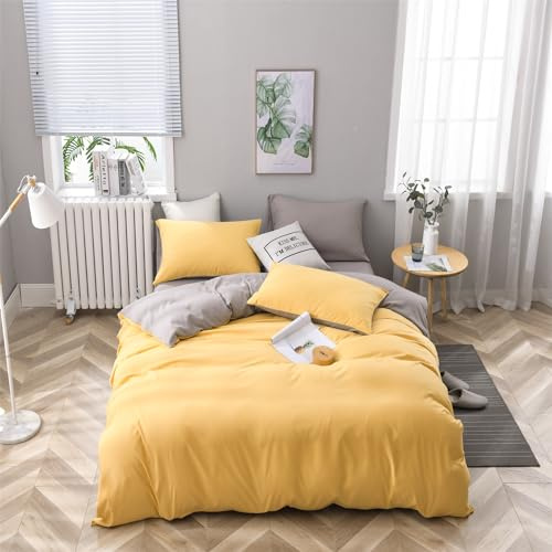 Bettwäsche 135x200cm 2Teilig Grau Gelb Baumwolle Touch Bettbezug-Set Weichere und Bequemere Bettwäsche mit 1 Kissenbezug 80x80 mit Reißverschluss Weich und Bügelfrei