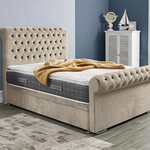 5FT King Ottoman Storage Solid Divan Base Chesterfield Sleigh Bed Frame With Headboard Upholstered In Plush Velvet Cream Bed End Lift - No Mattress (Cream, 5FT King Size Frame With Storage)