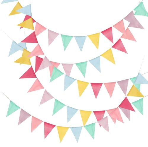 hoeslaw 60 Stück Wimpel Banner Flaggen, Pastell-Party-Dekorationen mit 5 Stück 4 m Hanfschnüre, imitierte Jute-Wimpelkette für Eis, Abschluss, Klassenzimmer, Schule, Karneval, Outdoor, Geburtstag,