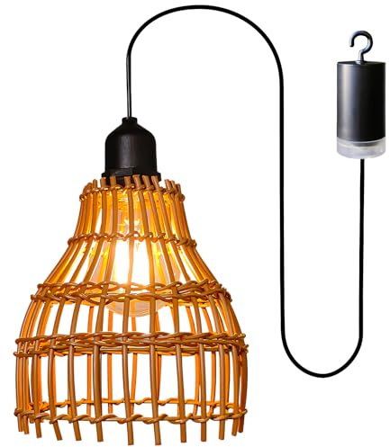 Solar Hängelampe Outdoor mit Boho Lampenschirm Rattan Hängelampe,Boho Hängeleuchte Lampe Batteriebetriebene,Lampenschirm Pendelleuchte ohne Strom Stromanschluss für Außen Innen Beleuchtung (Batterie)