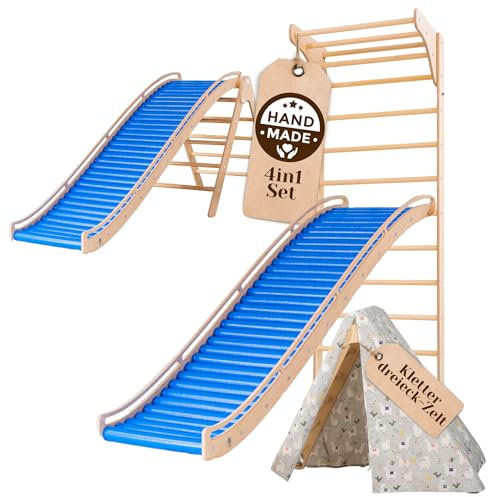 WoodsCraft 4in1 Wellenrutsche mit Kletterdreieck, Sprossenwand für Kinderzimmer & Kinderzelt Indoor | Rutsche Outdoor & Indoor | Kinderrutsche-Rollenrutsche | Kinder & Baby Rutsche für den Garten