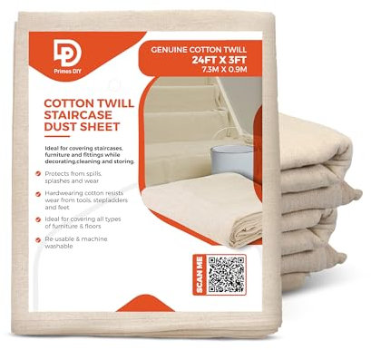 PRIMES 24ft x 3ft Staircase Cotton Twill Dust Sheet: Heavy Duty, Washable Staircase Runner for DIY, Paint Shield, Furniture Carpet Protection, Home Decor & Painting Projects, Washable Drop Cloth 1PC