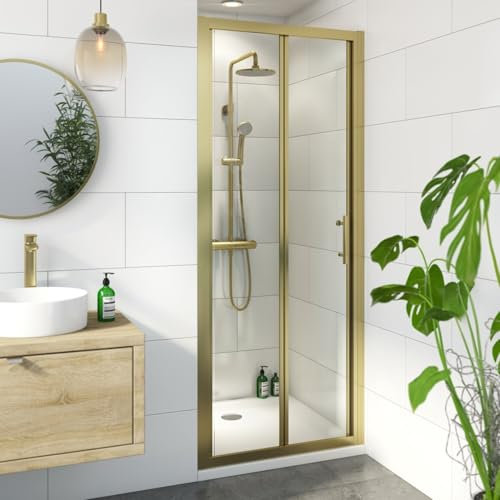 Luxura® 900mm Bifold Folding Shower Door for Wet Room Cubicle Enclosures, 6mm Toughened Safety Glass Space Saving, Framed, Brushed Brass