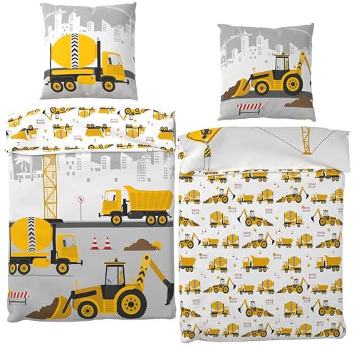 Bagger Kinderbettwäsche Bauarbeiter – 135 x 200 cm + 80 x 80 cm – 100% Baumwolle Renforcé-Linon – Baumaschinen-Motive: Betonmischer, LKW, Radlader – Reißverschluss, deutsche Größe