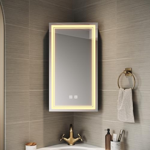 SIRHONA Armoire de Toilette Miroir, Armoire Murale avec Éclairage LED et Prises de Courant, Interrupteurs à Commande Tactile, Dimmable,Trois Températures de Couleur Réglables, 38.5 x 70 x 16cm
