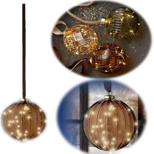 LS-LebenStil Deko XL Glas Lichtkugel 15 LED 10cm Gold Braun Timer Batterie-Fach Kugellampe zum Anhängen als Weihnachtsdeko innen Weihnachtsbeleuchtung Fensterdeko Batteriebetrieben