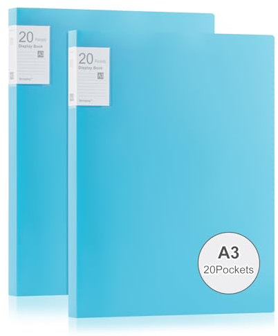Srvnpioy 2 Stück A3 Päsentationsdisplay Buch, Sichtbuch in A3 Format, Mit 20 Klarsichthüllen für 40 Blatt, für Kunstwerke, Urkunden, Portfolio, Blau