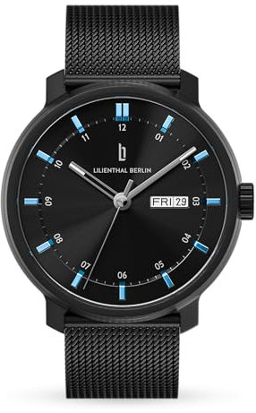 Lilienthal Berlin Neolux Day Date Automatik Uhr Black Blue – hochwertige Herrenuhr am schwarz mattem Mesh-Armband aus Chirurgenstahl mit Automatikwerk & saphirgehärtetem Mineralglas – 42mm