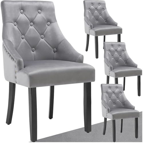 tectake® Esszimmerstühle gesteppt, Sessel Wohnzimmer, Stühle Esszimmer, Küchenstühle, Esstisch Stühle, Bürosessel, Möbel Vintage Style, Samt Stoff - hellgrau/schwarz, 4er Set